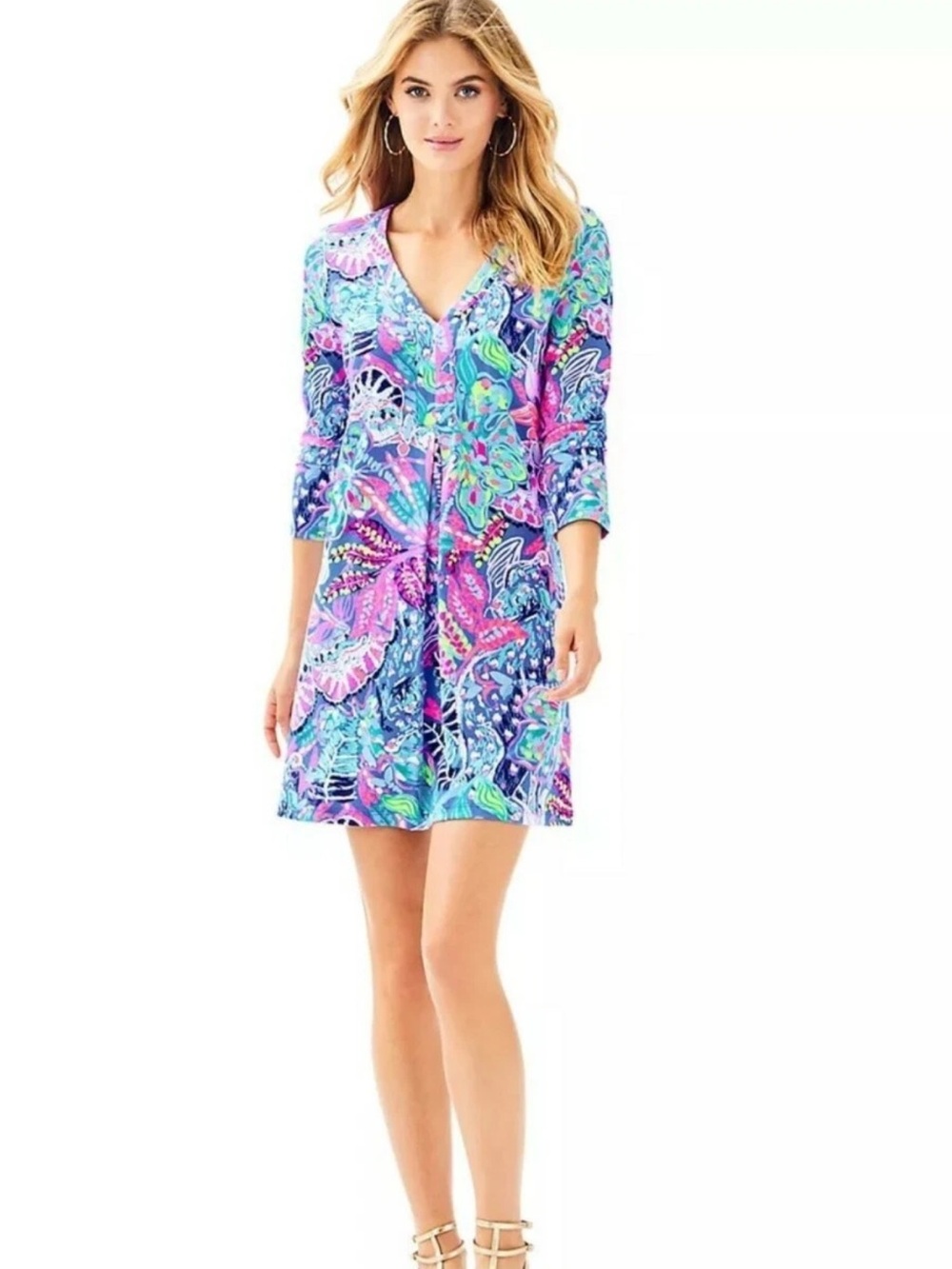 Lilly Pulitzer XS Amina Dress in Multi Fantasy Garden 3/4 Sleeve